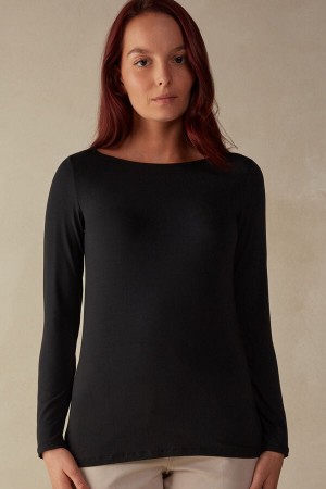 Intimissimi Bateau Neck Top in Micromodal Women's Long Sleeve Black | USA 1819WYF