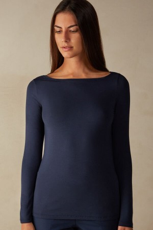 Intimissimi Bateau Neck Top in Micromodal Women's Long Sleeve Blue | USA 1820EXG