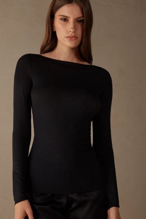 Intimissimi Boat Neck Modal Cashmere Ultralight Top Women's Long Sleeve Black | USA 1796TVJ