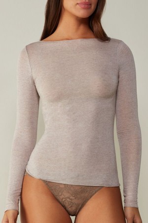 Intimissimi Boat Neck Modal Cashmere Ultralight Top Women's Long Sleeve Beige | USA 1797YUK