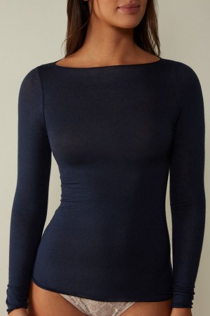 Intimissimi Boat Neck Modal Cashmere Ultralight Top Women's Long Sleeve Blue | USA 1803SOB