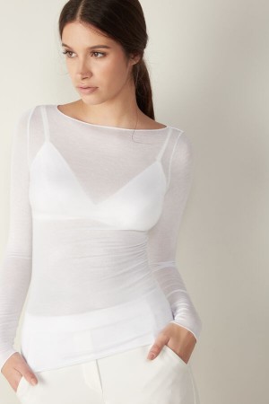 Intimissimi Boat Neck Modal Cashmere Ultralight Top Women's Long Sleeve White | USA 1809KIR