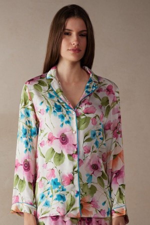 Intimissimi Botanical Lyrics Satin Button Up Shirt Women's Pajamas Multicolor | USA 2136UTL