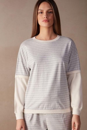 Intimissimi Casual Sunday Long Sleeve Top Women's Pajamas Grey / Light Yellow Beige Stripes | USA 2137ISZ