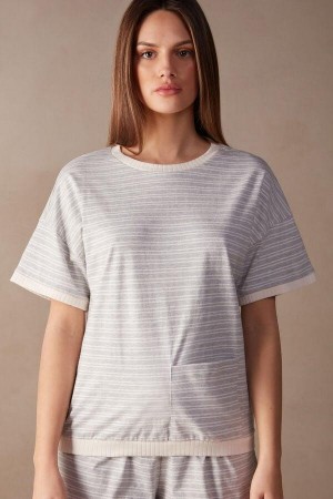 Intimissimi Casual Sunday Short Sleeve Top Women's Pajamas Grey / Light Yellow Beige Stripes | USA 2138ORX