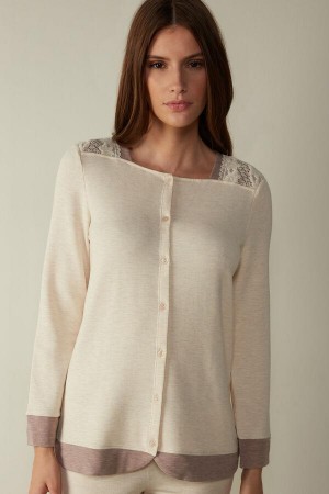 Intimissimi Classic Beauty Long Sleeve Button-Up Top Women's Pajamas Beige | USA 2179BCP