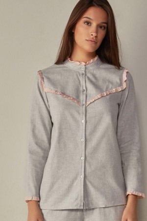 Intimissimi Cotton Rouches Brushed Cotton Cloth Long Sleeve Shirt Women's Pajamas Light Grey | USA 2181MAS