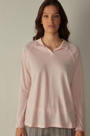 Intimissimi Cotton Rouches Long Sleeve Polo Women's Pajamas Pink | USA 2182QZD