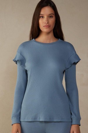 Intimissimi Cozy Mountains Long Sleeve Ribbed Top Women's Pajamas Blue | USA 2157WYF