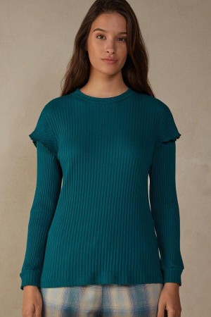 Intimissimi Cozy Mountains Long Sleeve Ribbed Top Women's Pajamas Green | USA 2158EXG