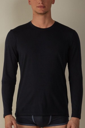 Intimissimi Crew-Neck Merino-Wool Top Men's Long Sleeve Blue | USA 2939WYH