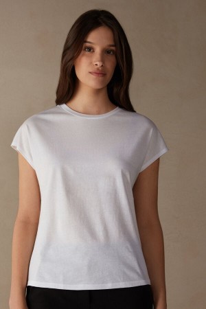 Intimissimi Crew Neck Top in Supima® Ultrafresh cotton Women's Short Sleeve White | USA 1858GLQ