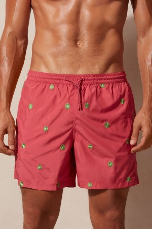 Intimissimi Embroidered Kiwi Men's Swim Trunks Dark Pink | USA 2737JJC