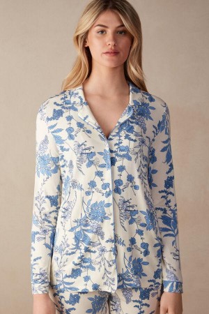 Intimissimi Feeling Beautiful Button Up Shirt in Modal Women's Pajamas White / Blue | USA 2131WYF