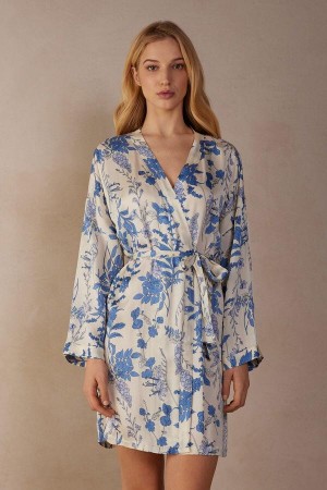 Intimissimi Feeling Beautiful Satin Kimono Women's Pajamas White / Blue | USA 2191PQC