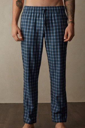 Intimissimi Full Length Pants in Check Patterned Brushed Cloth Men's Pajamas Blue | USA 2880HKO