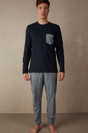 Intimissimi Full Length in Striped Cotton Men's Pajamas Blue | USA 2921WYB