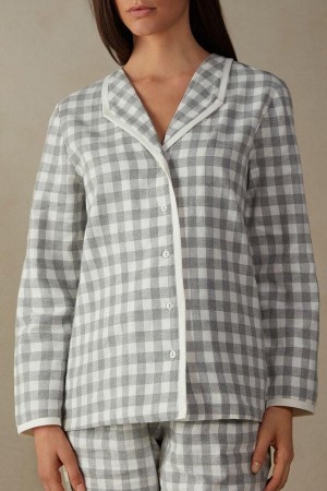 Intimissimi Gingham Lover Shirt in Brushed Cloth Women's Pajamas Grey | USA 2174LHT