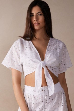 Intimissimi Hello Sunshine Sangallo Lace Tie-Front Top Women's Pajamas White | USA 2089SOB