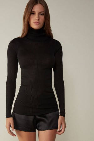 Intimissimi High-Neck Tubular Top in Wool and Silk Women's Long Sleeve Black | USA 1798UTL