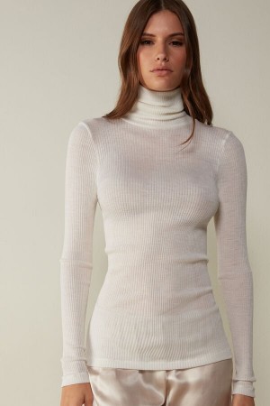 Intimissimi High-Neck Tubular Top in Wool and Silk Women's Long Sleeve White | USA 1800ORX