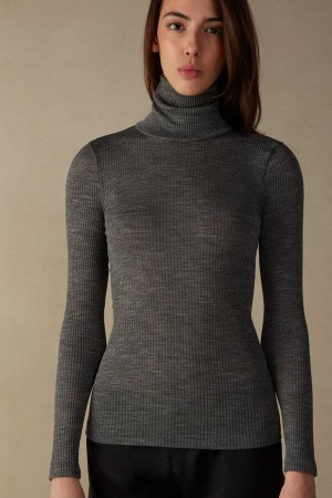 Intimissimi High-Neck Tubular Top in Wool and Silk Women's Long Sleeve Grey | USA 1801PQC