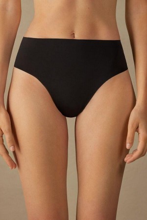 Intimissimi High Waist Thong in Seamless Ultralight Microfiber Women's Panties Black | USA 2281CEI