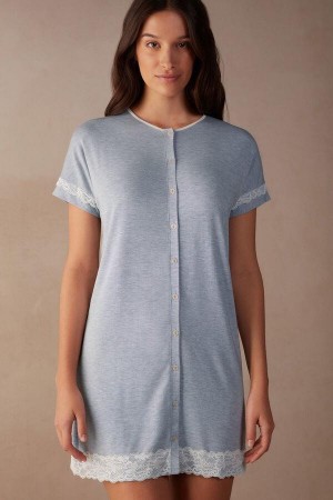 Intimissimi Lace Trim Button Up Nightgown Women's Pajamas Light Blue | USA 2212TVJ