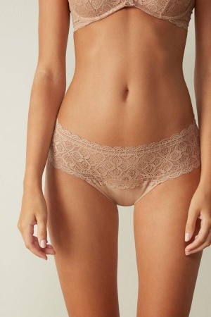 Intimissimi Lace and Cotton High Rise Women's Panties Beige | USA 2412KIO