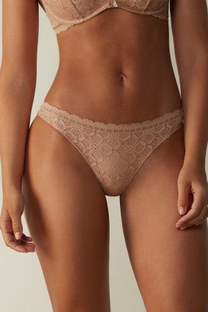 Intimissimi Lace and Microfiber Brazilian Women's Panties Beige | USA 2521DNF