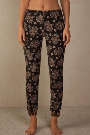 Intimissimi Lady Animalier Modal Cuffed Pants Women's Pajamas Black | USA 2056TVJ