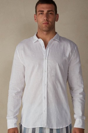 Intimissimi Linen and Cotton Shirt Men's Long Sleeve White | USA 2955SOY