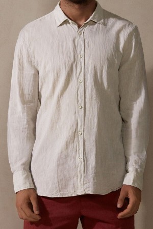 Intimissimi Linen and Cotton Shirt Men's Long Sleeve Beige / White | USA 2956APU