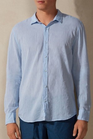 Intimissimi Linen and Cotton Shirt Men's Long Sleeve Light Blue | USA 2957PQI