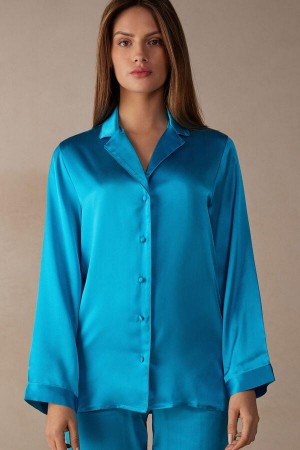 Intimissimi Mannish-Cut Jacket in Silk Satin Women's Pajamas Turquoise | USA 2017KIR