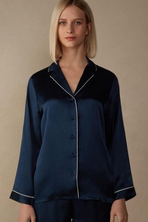 Intimissimi Mannish-Cut Jacket in Silk Satin Women's Pajamas Blue | USA 2018LHT