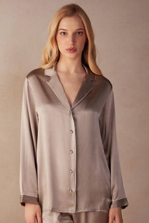 Intimissimi Mannish-Cut Jacket in Silk Satin Women's Pajamas Beige | USA 2019ZGY