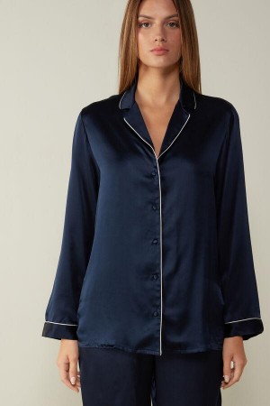 Intimissimi Mannish-Cut Jacket in Silk Satin Women's Pajamas Blue | USA 2023BCP