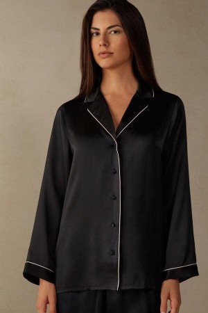 Intimissimi Mannish-Cut Jacket in Silk Satin Women's Pajamas Black | USA 2024NBA