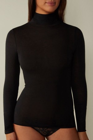 Intimissimi Modal Cashmere Ultralight High-Neck Top Women's Long Sleeve Black | USA 1799ISZ