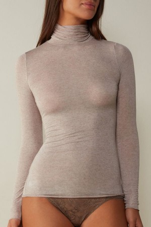 Intimissimi Modal Cashmere Ultralight High-Neck Top Women's Long Sleeve Beige | USA 1802APV