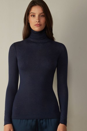 Intimissimi Modal Cashmere Ultralight High-Neck Top Women's Long Sleeve Blue | USA 1838XFU