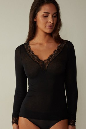 Intimissimi Modal Cashmere Ultralight Long Lace Shirt Women's Long Sleeve Black | USA 1806GLQ