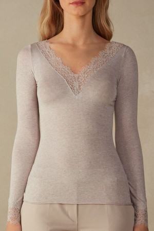 Intimissimi Modal Cashmere Ultralight Long Lace Shirt Women's Long Sleeve Beige | USA 1827PQC