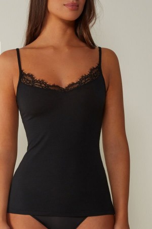 Intimissimi Modal Ultralight Cashmere Blend with Lace Women's Tank Top Black | USA 1710VDO