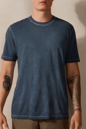 Intimissimi Oil Washed Cotton Short Sleeve Men's T Shirts Dark Blue | USA 3031UTR