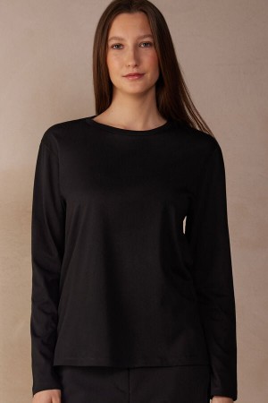 Intimissimi Oversized Top in Supima® Cotton Women's Long Sleeve Black | USA 1836LHT