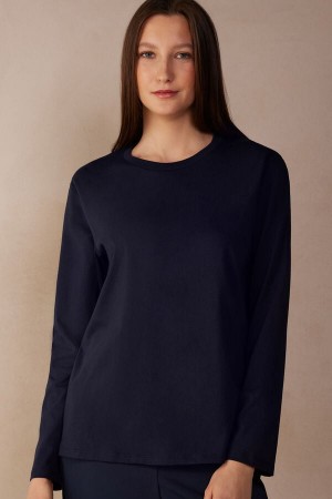 Intimissimi Oversized Top in Supima® Cotton Women's Long Sleeve Blue | USA 1837ZGY