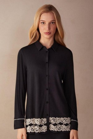 Intimissimi Pretty Flowers Button Up Shirt in Modal Women's Pajamas Black / White | USA 2185RWH