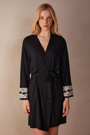 Intimissimi Pretty Flowers Modal Robe Women's Pajamas Black / White | USA 2208QZD